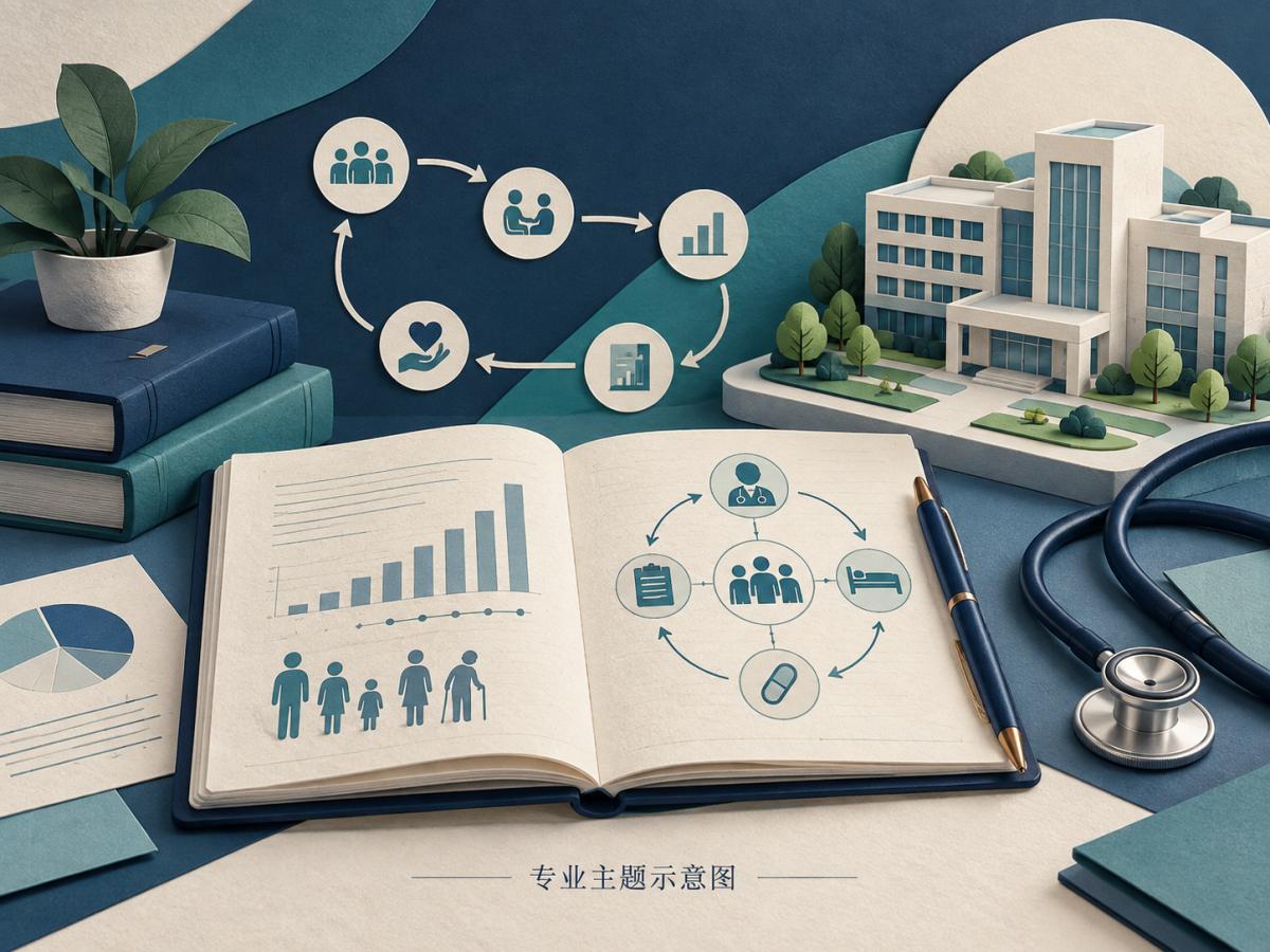 医疗健康管理专业主题示意图（AI生成）；非实际校园或实验室，项目授予主体和授权待核。