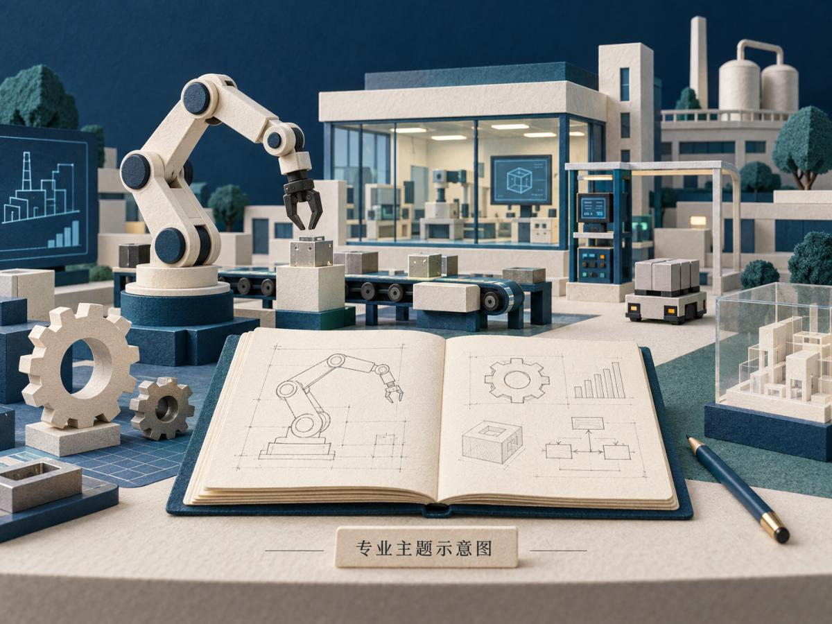 智能制造专业主题示意图（AI生成）；非实际校园或实验室，项目授予主体和授权待核。