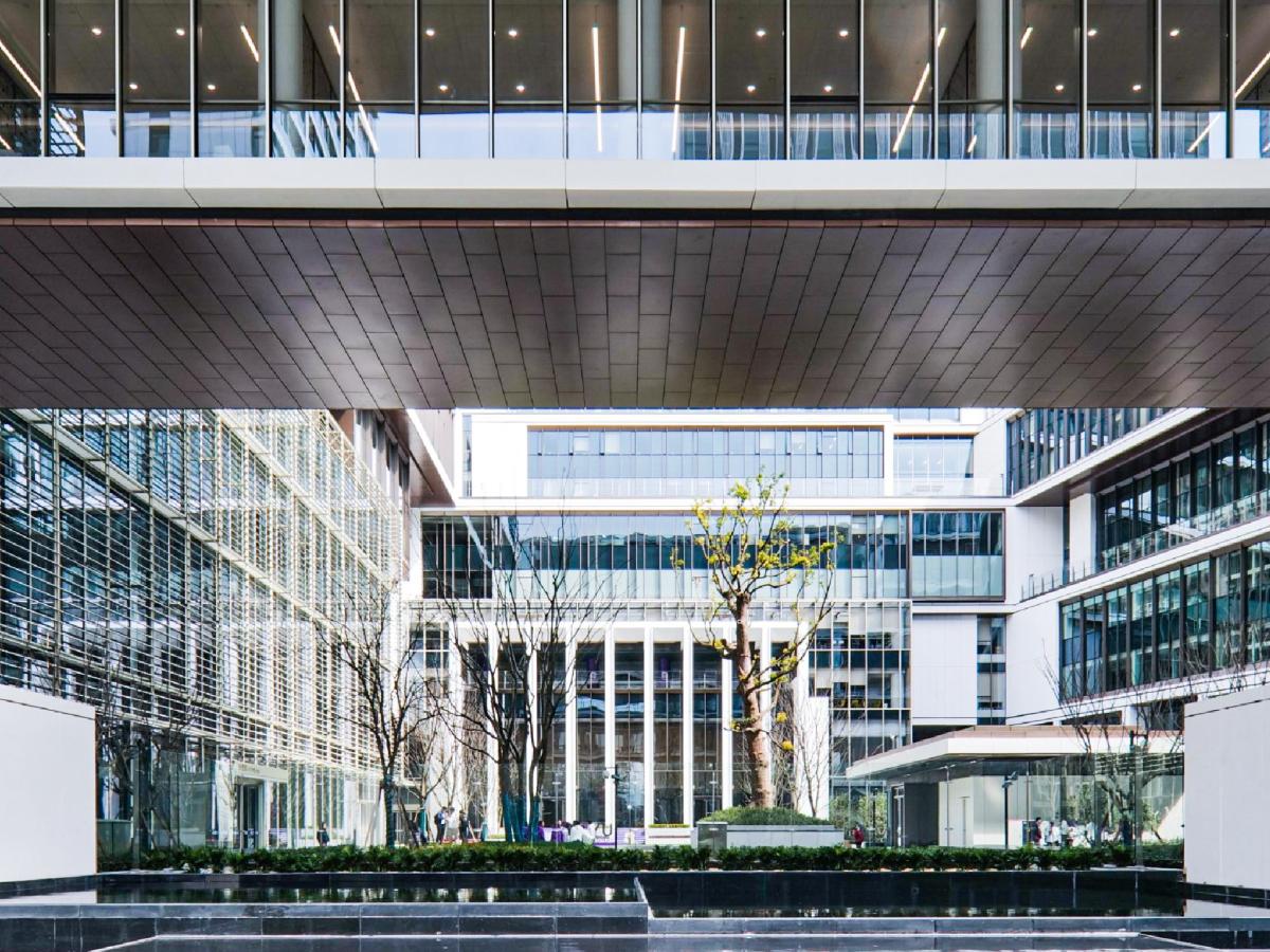 上海纽约大学官网前滩校园建筑与连桥实景，仅作院校识别，不代表具体项目授课地点或出境要求。