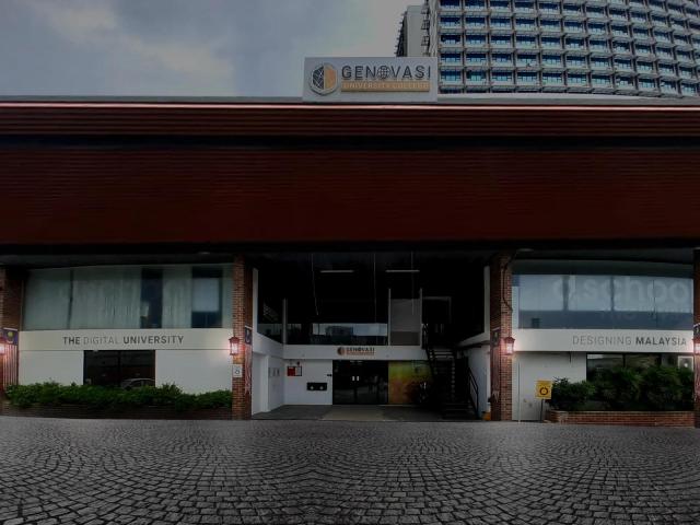 马来西亚和立大学学院 Genovasi University College 校门建筑与校名标识；仅作院校识别，不代表具体项目授课地点或出境要求。