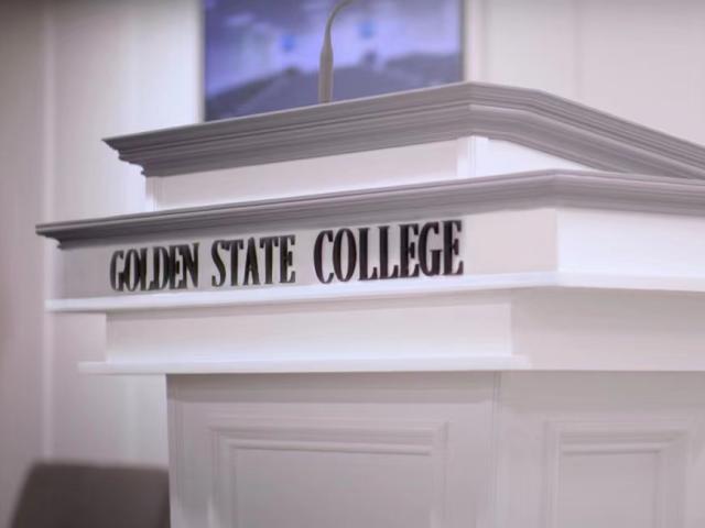 Golden State College 官网带校名的室内讲台照片；仅作机构识别，不代表具体项目授课地点或出境要求。